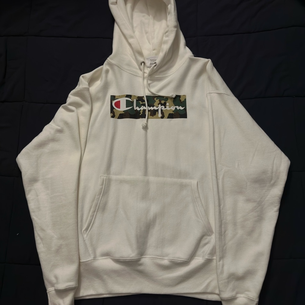 Champion White Hoodie with Camo Logo